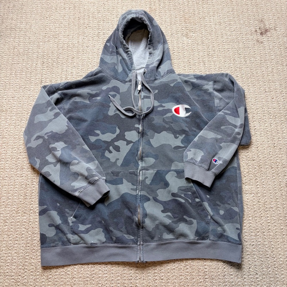 Champion Men 2XL Camo Full Zip Hoodie Grey Charcoal Camouflage Fleece Sweatshirt